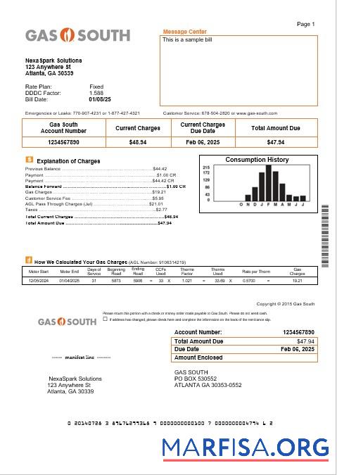 Printable USA New York Gas South business utility bill template in Word and PDF formats